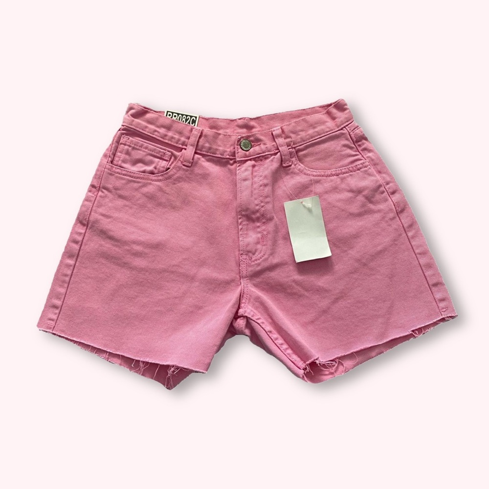 Brandy Melville Pink Jean Shorts High-Waisted Raw Hem